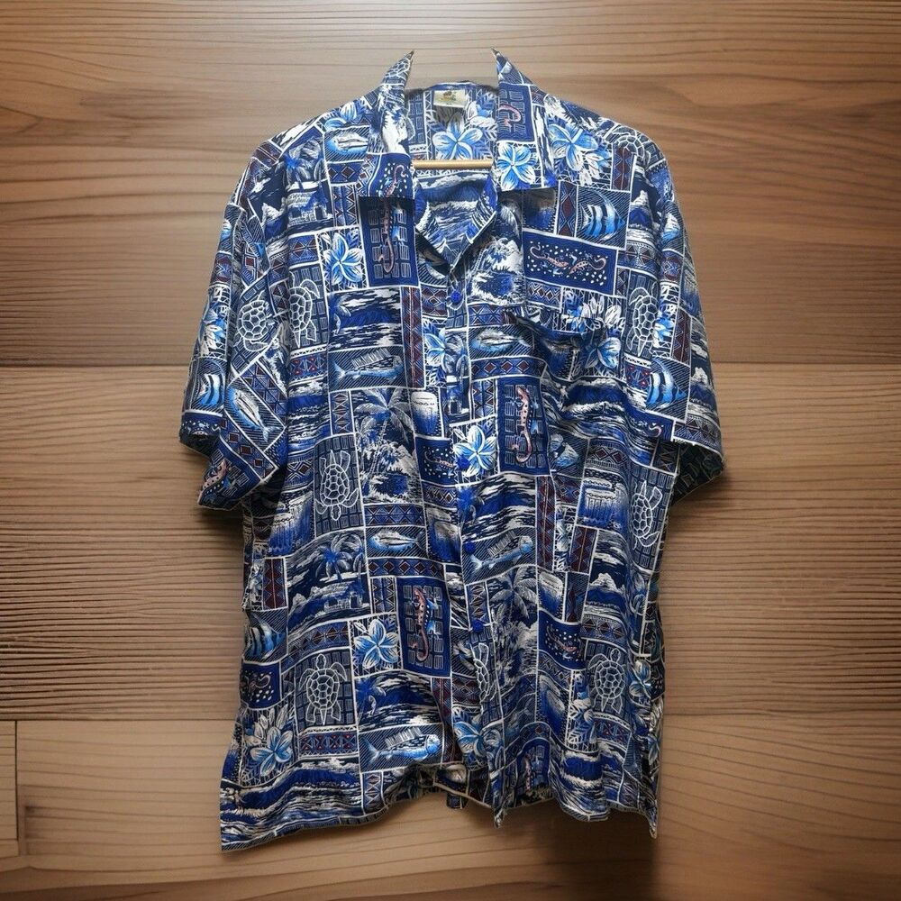 Rima Beachworld Mens XL Hawaiian Shirt Blue Terivoile Polynesian Turtle Lizard